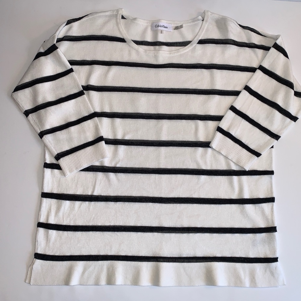 Calvin Klein 3/4 Sleeve Navy Striped Sweater Nautical Vibes Size: Medium EUC